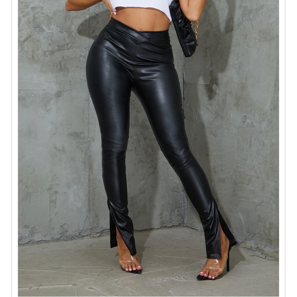 NWT Black PU V Front Ruched Bum Split Hem Pants